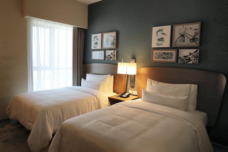 DUBAI, UNITED ARAB EMIRATES, December 6 – View of the bedroom in the two bedroom apartment at the Element hotel apartments in Al Jaddaf area in Dubai. (Pawan Singh / The National) For Lifestyle/Online. Story by Janice Rodrigues