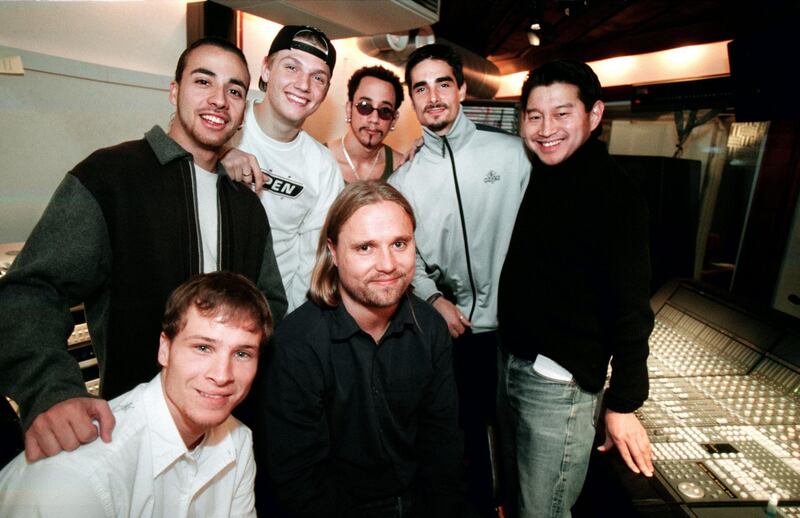 Mandatory Credit: Photo by Ibl/REX/Shutterstock (3564453a)
Max Martin with the Backstreet Boys
Max Martin with the Backstreet Boys, Sweden - 12 Nov 1998