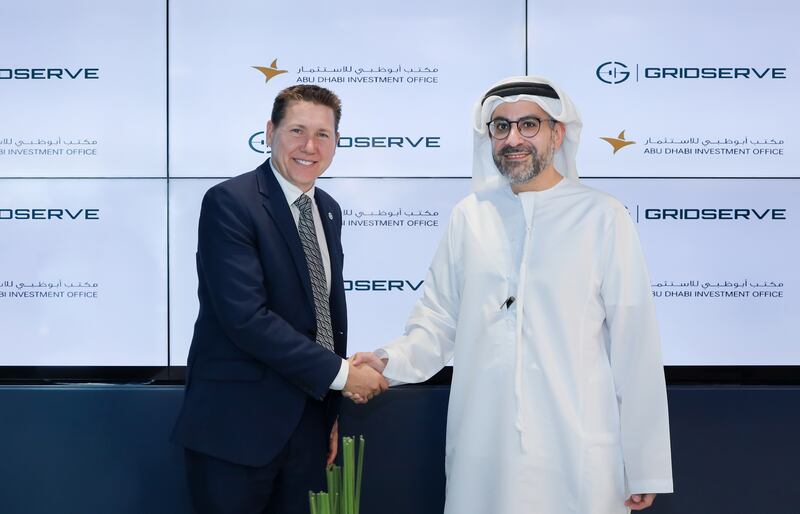 Badr Al Olama, director general of the Abu Dhabi Investment Office, right, and Toddington Harper, chief executive of Gridserve. Photo: Adio