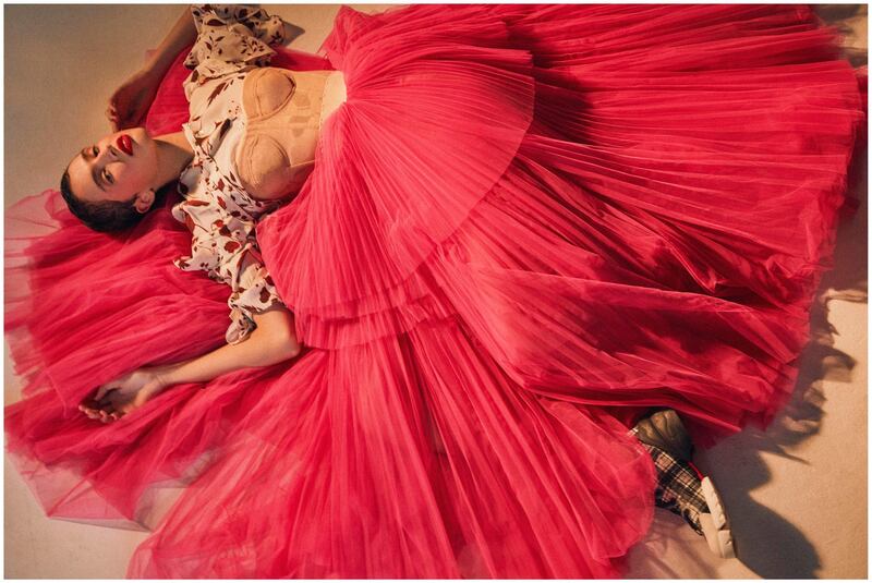 Haute Harlequin. Photography | david vail | 
fashion director | Sarah Maisey

Shirt, Dh1,331, Marella. Dress, Dh16,500, Dolce & Gabbana. 
Trainers, Dh4,400, Christian Dior