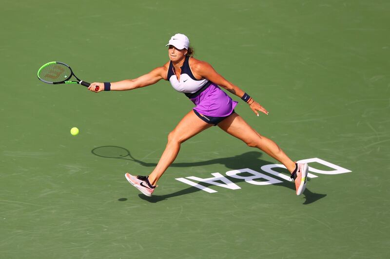 DUBAI, UNITED ARAB EMIRATES - MARCH 09: Aryna Sabalenka of Belarus stretches to play a forehand in her Round Two match against Alize Cornet of France during Day Three of the Dubai Duty Free Tennis Championships at Dubai Duty Free Tennis Stadium on March 09, 2021 in Dubai, United Arab Emirates. (Photo by Francois Nel/Getty Images)
