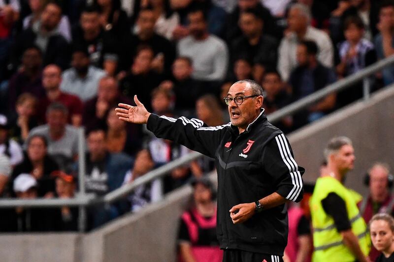 Juventus' head coach Maurizio Sarri reacts during the International Champions Cup football match between Atletico Madrid v Juventus on August 10, 2019 in Solna outside Stockholm, Sweden.  / AFP / Jonathan NACKSTRAND
