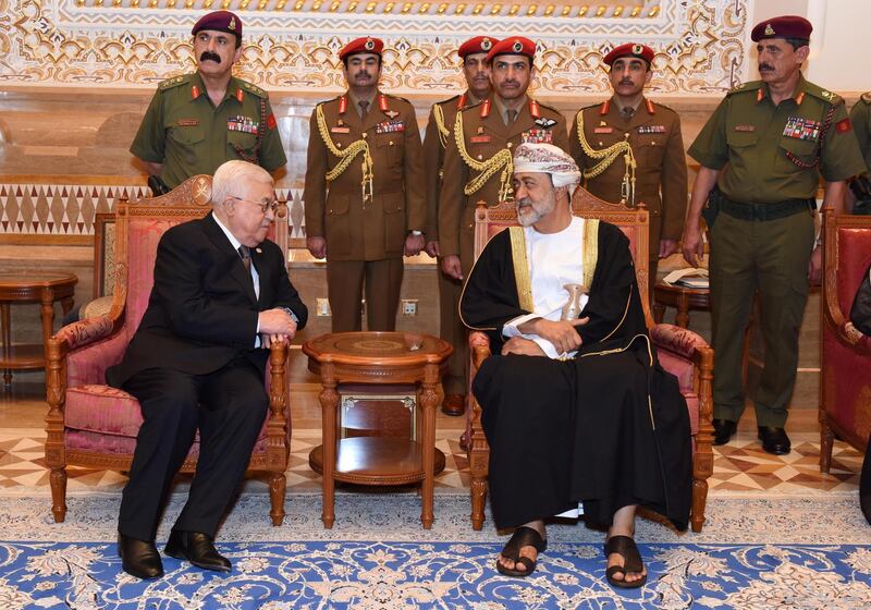 Oman's newly sworn-in Sultan Haitham bin Tariq al-Said receives condolences from Palestinian President Mahmoud Abbas in Muscat, Oman.  Reuters