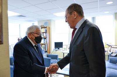 Russian Foreign Minister Sergey Lavrov, right, meets former US secretary of state Henry Kissinger in New York City in September. EPA