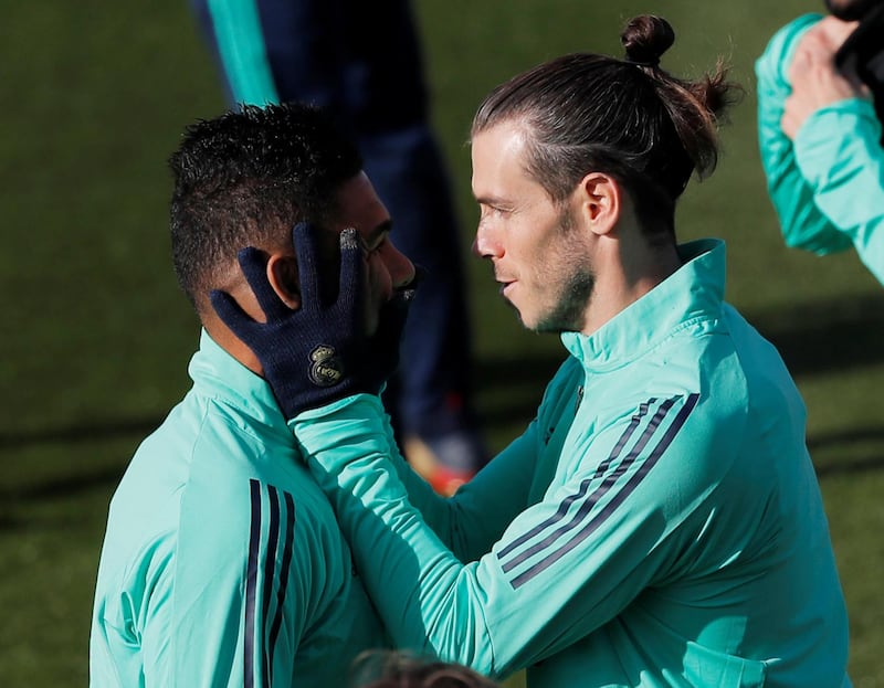 Real Madrid's Gareth Bale and Casemiro during training. Reuters
