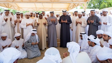 President Sheikh Mohamed and leading officials, including Sheikh Mansour bin Zayed, UAE Vice President, Deputy Prime Minister and Chairman of the Presidential Court, attend the burial of the late Sheikh Tahnoon bin Mohammed, Ruler's Representative in Al Ain Region, at Al Bateen cemetery in Abu Dhabi. Ryan Carter / UAE Presidential Court