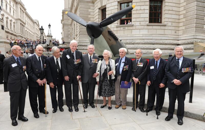 Battle of Britain veterans with Dame Vera Lynn (C) outside the Churchill War Rooms, in London, UK in August 2010. Dame Vera Lynn died this month on 18 June, aged 103. Facundo Arrizabalaga / EPA