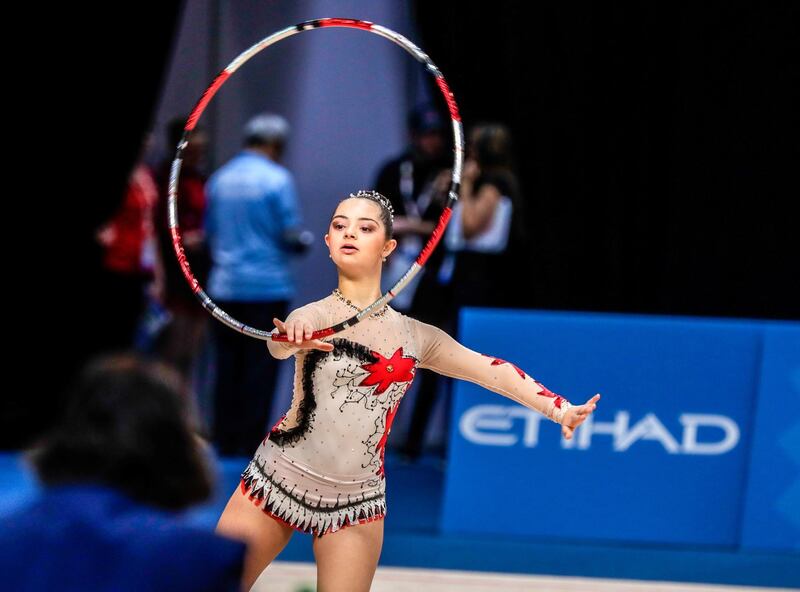 Abu Dhabi, March 17, 2019.  Special Olympics World Games Abu Dhabi 2019. Gymnastics at ADNEC.  Elizaveta Zhukov of Russia in action.
Victor Besa/The National