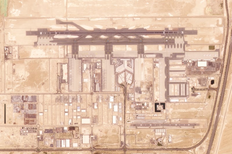 A satellite image shows the site of Al Maktoum International Airport. The airport will feature 400 gates, five parallel runways and new aviation technology. Photo: Planet Labs PBC via AP