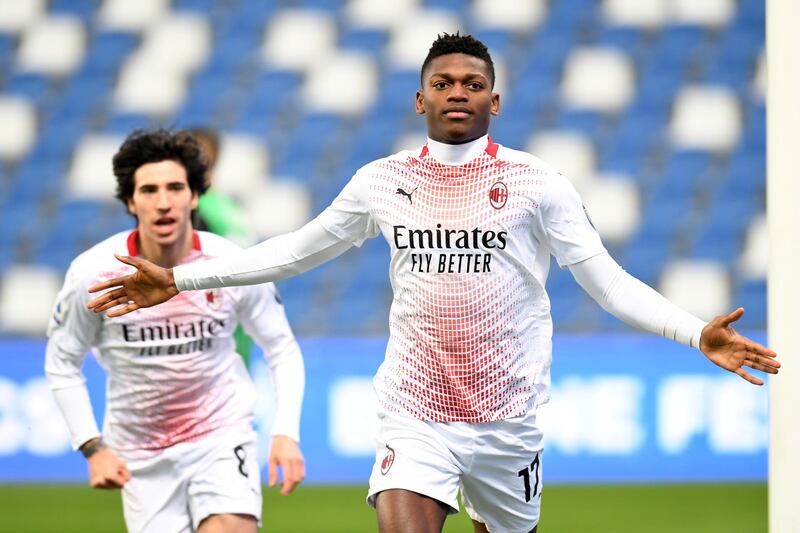 Rafael Leao of AC Milan celebrates after scoring their team's first goal against Sassuolo at the Mapei Stadium on Sunday. Getty