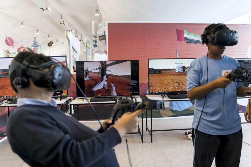 ABU DHABI, UNITED ARAB EMIRATES - JANUARY 31, 2019.

"Mission in Mars" VR workshop in Abu Dhabi Science Festival at the corniche in Abu Dhabi.

The event focuses on STEAM subjects (science, technology, engineering, arts and mathematics). Around 200 innovators are displaying their projects at the three host venues over 10 days.

(Photo by Reem Mohammed/The National)

Reporter: GILLIAN DUNCAN
Section:  NA