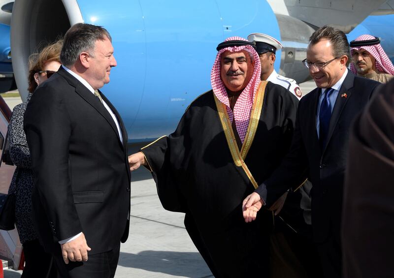 U.S. Secretary of State Mike Pompeo is greeted by Bahraini Foreign Minister Khalid bin Ahmed Al Khalifa after arriving at Manama International Airport in Manama, Bahrain, January 11, 2019.  Andrew Caballero-Reynolds/Pool via REUTERS