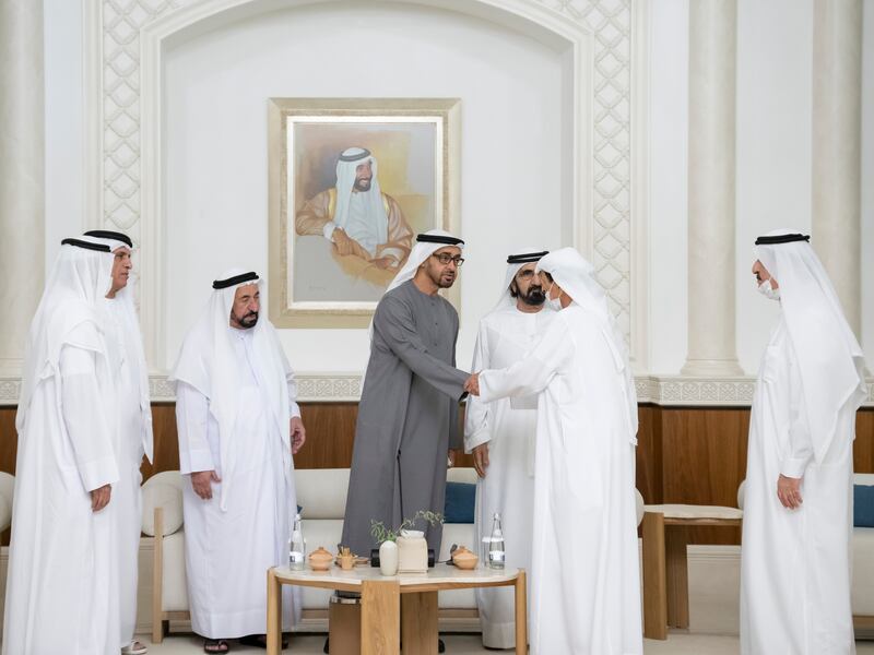 President Sheikh Mohamed, Sheikh Mohammed bin Rashid, Vice President and Ruler of Dubai, Sheikh Hamad bin Mohamed Al Sharqi, Ruler of Fujairah, Sheikh Saud bin Saqr Al Qasimi, Ruler of Ras Al Khaimah, Sheikh Dr Sultan bin Mohammad Al Qasimi, Ruler of Sharjah, Sheikh Humaid bin Rashid Al Nuaimi, Ruler of Ajman, and Sheikh Saud bin Rashid Al Mu'alla, Ruler of Umm Al Quwain, attend a Federal Supreme Council meeting to agree to President Sheikh Mohamed's accession to the UAE presidency. MOPA