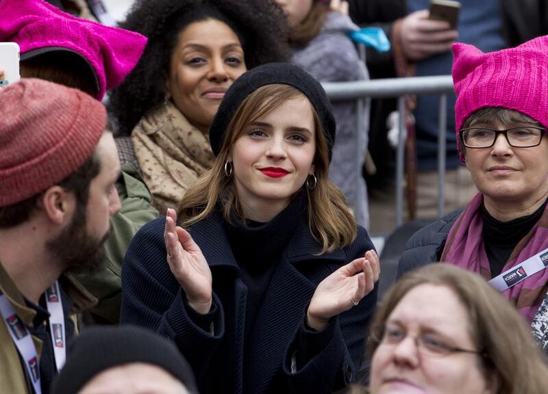 Actress Emma Watson sits in the crowd during the Women’s March on Washington. Jose Luis Magana / AP photo