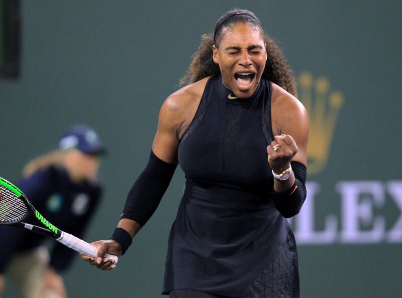 Serena Williams clenches her fist while playing Zarina Diyas during the first round of the BNP Paribas Open tennis tournament in Indian Wells, Calif., Thursday, March 8, 2018. (AP Photo/Crystal Chatham)