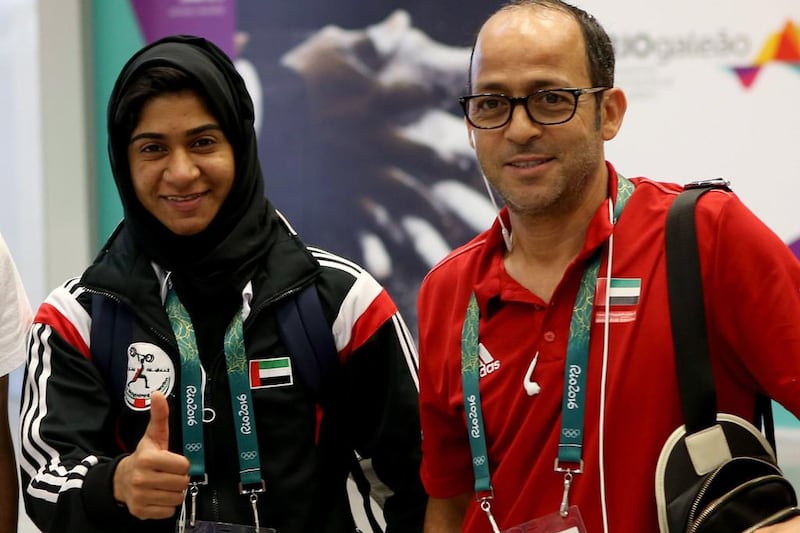 Emirati weightlifter Aisha Al Balooshi, left, with coach Ridha Ayachi in Rio for the 2016 Olympics. Photo Courtesy: WAM