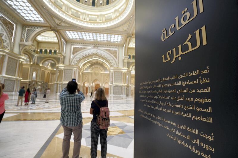 Abu Dhabi, United Arab Emirates - March 11, 2019: The Great hall. Exclusive preview and guided tour of Qasr Al Watan, the UAEÕs new cultural landmark. Monday the 11th of March 2019 at Qasr Al Watan, Abu Dhabi. Chris Whiteoak / The National