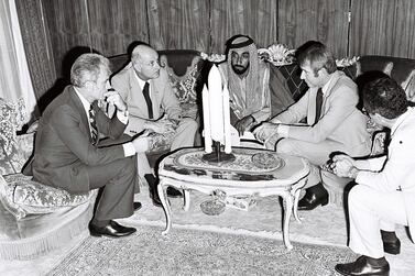 UAE Founding Father, the late Sheikh Zayed bin Sultan Al Nahyan, meets the crew of the 1975 Apollo Soyuz mission, from left, Deke Slayton, Thomas P Stafford and Vance Brand. Photo: Itihad / Wam