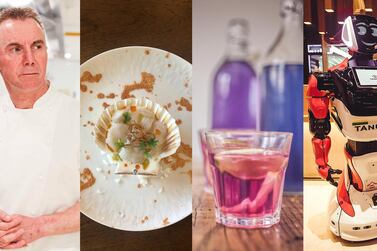 From left: Gary Rhodes; scallop carpaccio by Diana Chan at MasterChef, the TV Experience; unicorn water; a robot waiter at Tanuki
