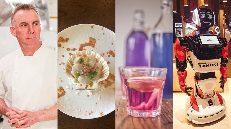 From left: Gary Rhodes; scallop carpaccio by Diana Chan at MasterChef, the TV Experience; unicorn water; a robot waiter at Tanuki