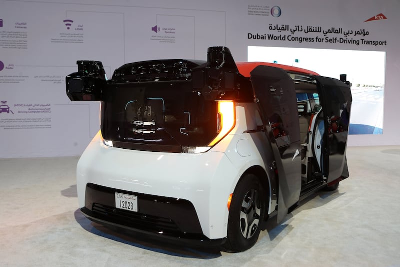 A Cruise autonomous vehicle on show at the Dubai World Congress for Self-Driving Transport event. Pawan Singh / The National