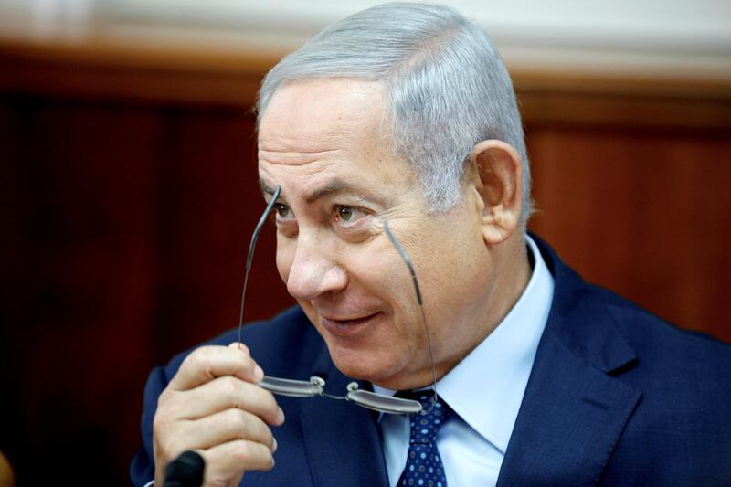FILE PHOTO: Israeli Prime Minister Benjamin Netanyahu attends the weekly cabinet meeting at his office in Jerusalem October 14, 2018. REUTERS/Amir Cohen/File Photo