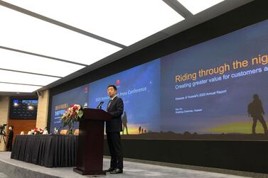 Huawei's rotating chairman Ken Hu speaks at a news conference on the company's 2020 annual results at its headquarters in Shenzhen on Wednesday. Reuters