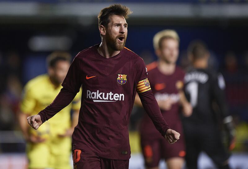 VILLARREAL, SPAIN - DECEMBER 10:  Lionel Messi of Barcelona celebrates scoring his team's second goal during the La Liga match between Villarreal and Barcelona at Estadio La Ceramica on December 10, 2017 in Villarreal, Spain.  (Photo by Fotopress/Getty Images)