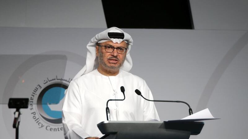 Dr Anwar Gargash pictured speaking at the Emirates Policy Centre. Navin Kianey / The National