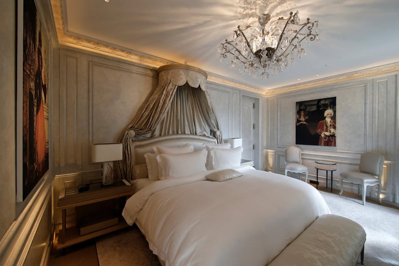 A bedroom decorated by German fashion designer Karl Lagerfeld at the newly reopened Hotel de Crillon in Paris. Gonzalo Fuentes / Reuters