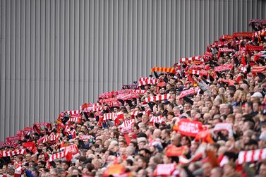 LIVERPOOL, ENGLAND - OCTOBER 07: Liverpool fans show their support prior to the Premier League match between Liverpool FC and Manchester City at Anfield on October 7, 2018 in Liverpool, United Kingdom. (Photo by Laurence Griffiths/Getty Images)