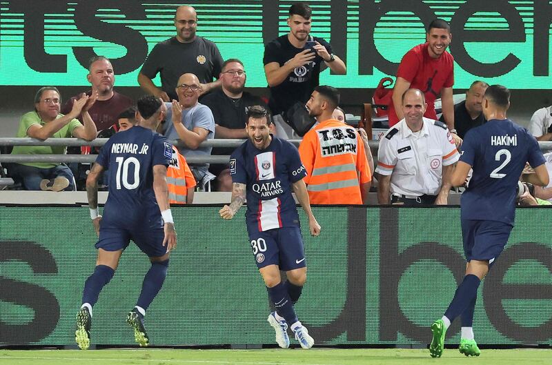 Lionel Messi celebrates after scoring PSG's first goal in the Trophee des Champions match against Nantes. AFP
