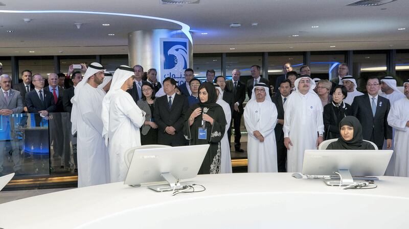 ABU DHABI, UNITED ARAB EMIRATES - November 12, 2017: HH Sheikh Mohamed bin Zayed Al Nahyan Crown Prince of Abu Dhabi Deputy Supreme Commander of the UAE Armed Forces (2nd L) and HE Dr Sultan Ahmed Al Jaber, UAE Minister of State, Chairman of Masdar and CEO of ADNOC Group (L), attend the inauguration of the 'Panorama' Artificial Intelligence and Big Data Centre at ADNOC HQ. 

( Rashed Al Mansoori / Crown Prince Court - Abu Dhabi  )
---