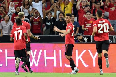 Manchester United's Mason Greenwood, centre, celebrates his winning goal against Inter Milan. AFP