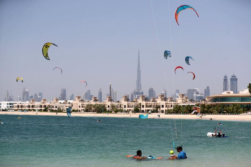 Dubai, United Arab Emirates - Reporter: N/A. News. Standalone. Kite surfers fill the sky as people go to the beach on a hot day in Dubai. Monday, June 22nd, 2020. Jumeriah, Dubai. Chris Whiteoak / The National