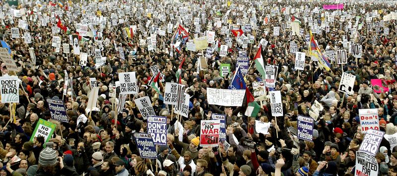 February 15, 2002: Thousands of people gather in Hyde Park in London after finishing a protest against war in Iraq. The march is believed to be the UK's biggest ever peace protest. Getty