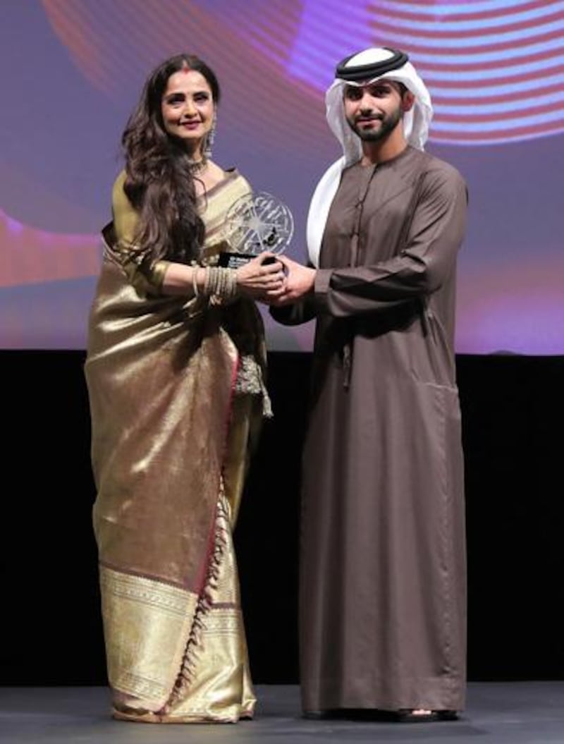 Lifetime Achievement Award Winner Indian film legend Rekha with HH Sheikh Mansoor bin Mohammed bin Rashid Al Maktoum