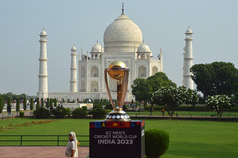 The 2023 Cricket World Cup trophy is displayed at the Taj Mahal in Agra. AFP