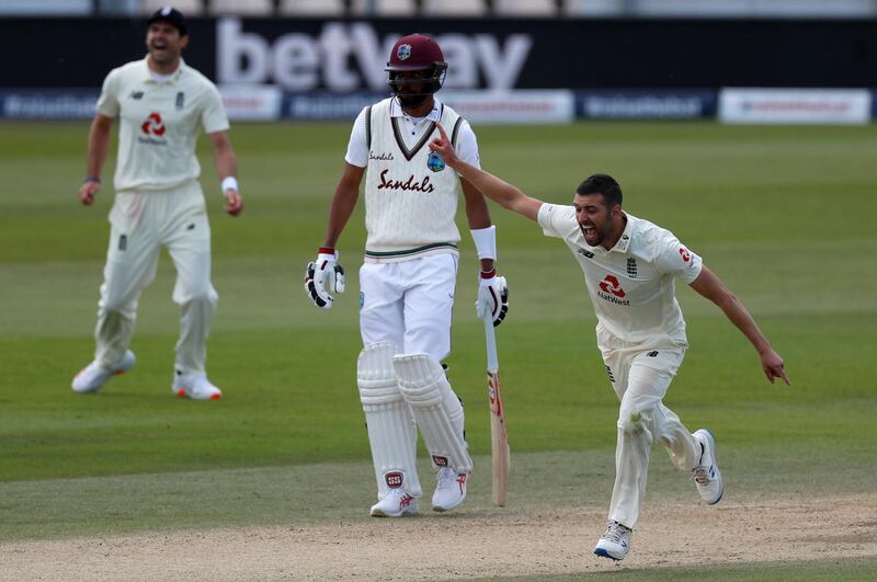 Mark Wood celebrates the wicket of Shai Hope. AP