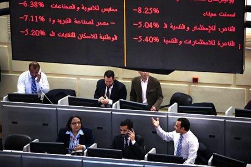 The Egyptian stock exchange in Cairo. The EGX 30 Index declined 1.5 per cent to 5,362.16 points yesterday. Shawn Baldwin / Bloomberg News