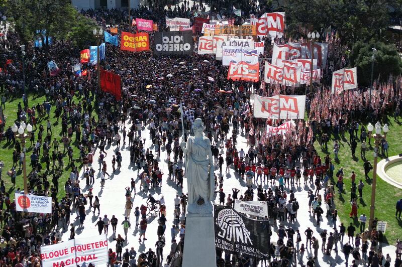 Protesters gather at Plaza de Mayo Square during the first demonstration against the new government of Javier Milei in Buenos Aires, Argentina. AFP