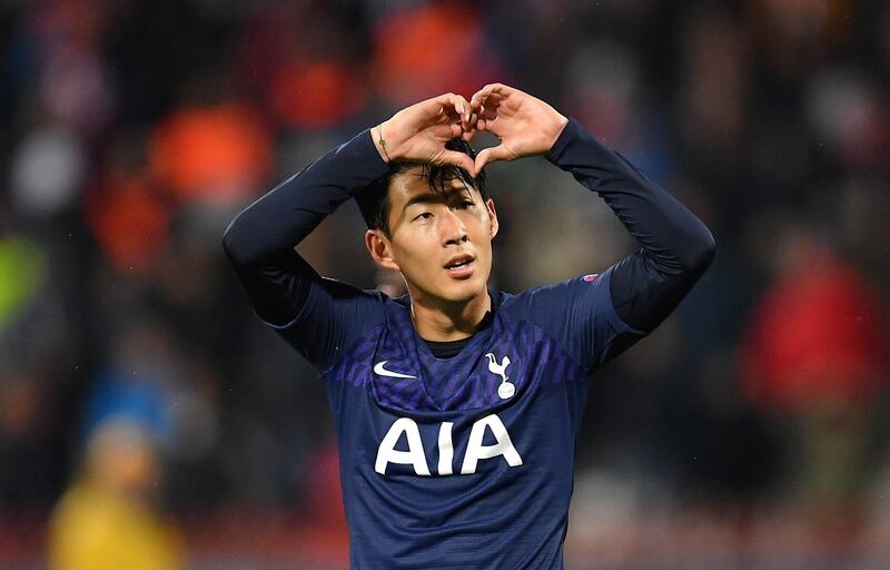 BELGRADE, SERBIA - NOVEMBER 06: Heung-Min Son of Tottenham Hotspur celebrates after he scores his team's third goal during the UEFA Champions League group B match between Crvena Zvezda and Tottenham Hotspur at Rajko Mitic Stadium on November 06, 2019 in Belgrade, Serbia. (Photo by Justin Setterfield/Getty Images)