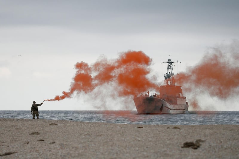 Ukrainian army landing craft Yurii Olefirenko is seen in the Black Sea during military drills in Kherson, Ukraine.  Reuters