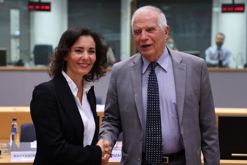 Hadja Lahbib with the EU's chief diplomat Josep Borrell at her first EU summit in Brussels. AFP