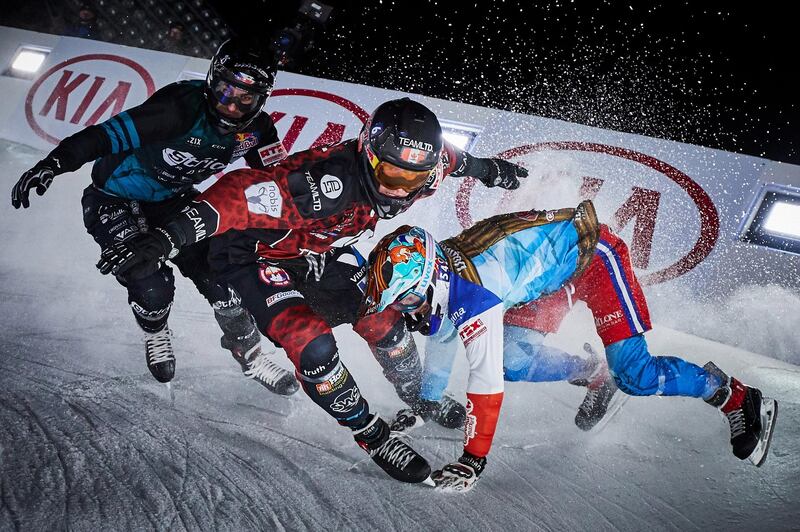 Tristan Dugerdil, Kyle Croxall, and Michael Urban competing at the ATSX Ice Cross Downhill World Championship at Fenway Park stadium in Boston. EPA