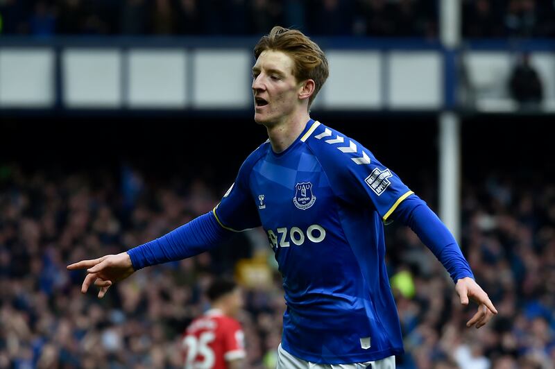 Everton's Anthony Gordon celebrates after scoring the winner in the Premier League match against Manchester United at Goodison Park on April 9, 2022. AP