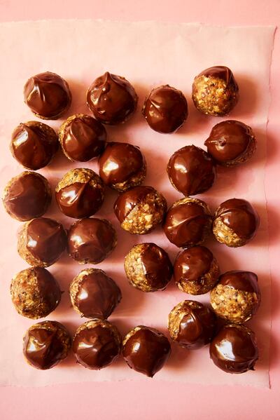 Chocolate-dipped peanut butter and date energy balls. Courtesy Zahra Abdalla, founder of Zahra's Kitchen 