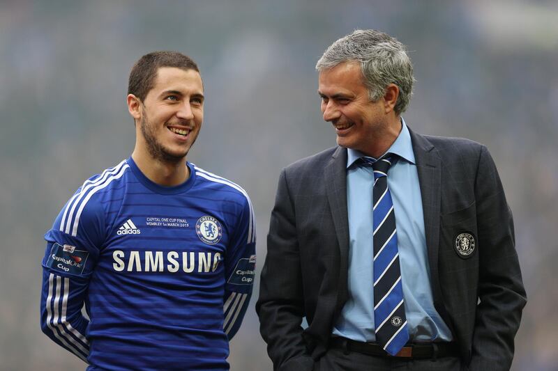 FILE PHOTO: Former Chelsea manager Jose Mourinho and Eden Hazard at Wembley Stadium - 1/3/15.  Action Images via Reuters / Matthew Childs/File Photo