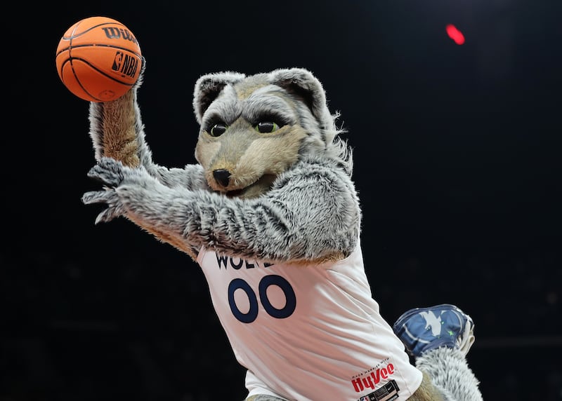 Timberwolves mascot Crunch the Wolf during the game between the Minnesota Timberwolves and Dallas Mavericks in a pre-season NBA game as part of the Abu Dhabi Games 2023. Etihad Arena, Abu Dhabi. Chris Whiteoak / The National