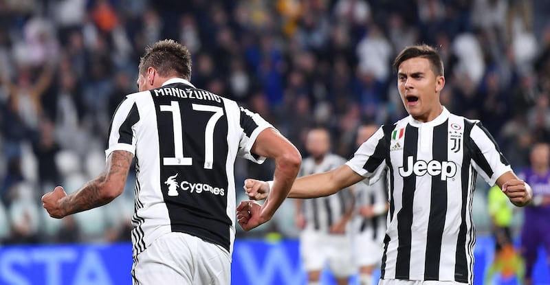 Juventus' Mario Mandzukic celebrates with teammate Paulo Dybala, right, after scoring a goal during the Italian Series A soccer match between Juventus and Fiorentina at the Allianz Stadium in Turin, Italy, Wednesday, Sept. 20, 2017. (Alessandro Di Marco/ANSA via AP)